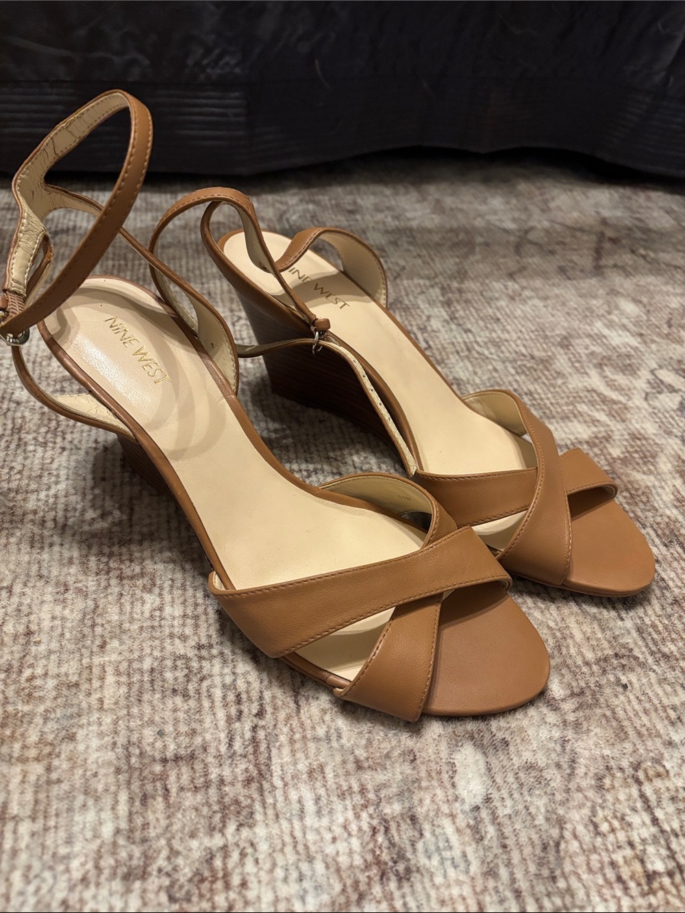 Nine West Cognac Leather Wedge Sandals with Ankle Strap